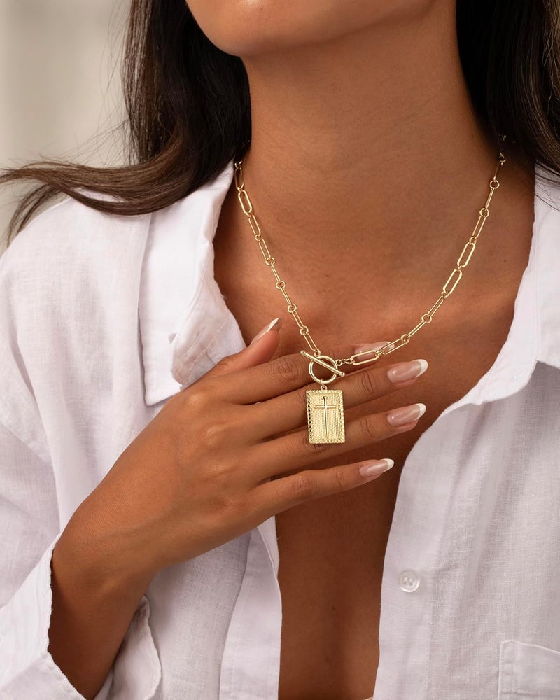 Robaice 14K Gold Plated and Silver Plated Cross Necklace for Women, Non-Tarnish Faith Jewelry with Toggle Clasp, Fashion Necklace Gifts for Women, Christian Faith, Communion, Birthday & Christmas - Image 3